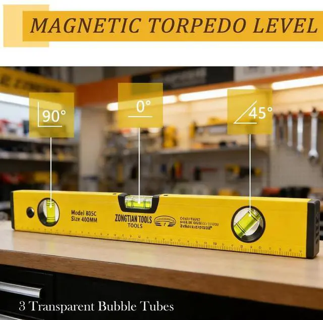 Alt view image 5 of 7 - 10 Inch Torpedo Level Magnetic, Aluminum Alloy Level Tool, Equipped with 45/90/180 Degree Bubble Vials and Scale Ruler, Open Top-View Design