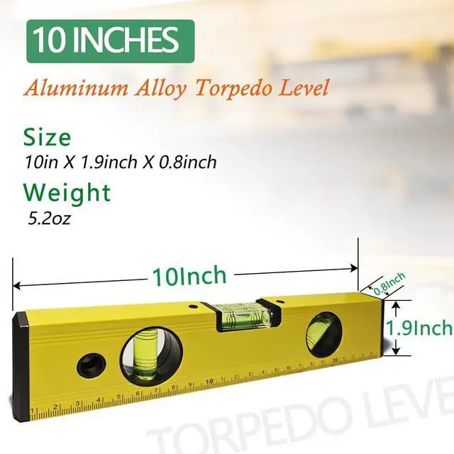 Alt view image 7 of 7 - 10 Inch Torpedo Level Magnetic, Aluminum Alloy Level Tool, Equipped with 45/90/180 Degree Bubble Vials and Scale Ruler, Open Top-View Design