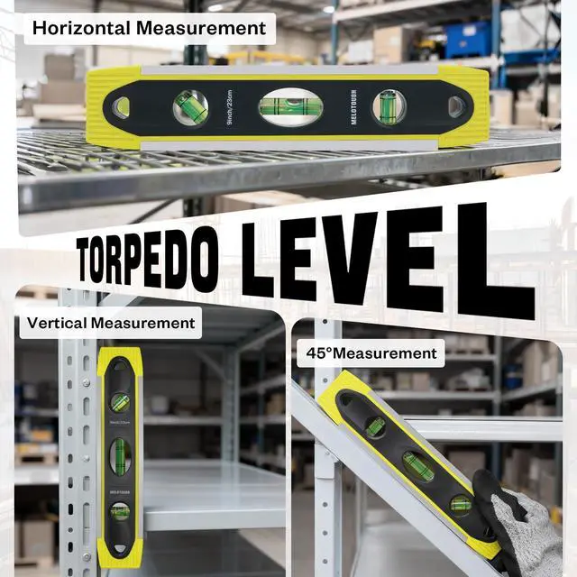 Alt view image 4 of 7 - 9 Inch Torpedo Level Magnetic,Small Leveler Tool,Magnetic Box Level with 45/90/180 Bubbles,V-Groove,Shock Resistant Bubble Level,Yellow