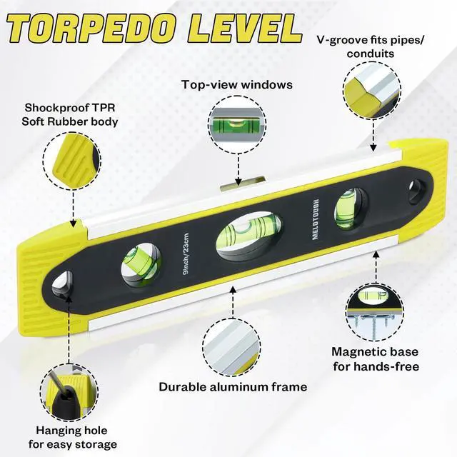 Alt view image 5 of 7 - 9 Inch Torpedo Level Magnetic,Small Leveler Tool,Magnetic Box Level with 45/90/180 Bubbles,V-Groove,Shock Resistant Bubble Level,Yellow