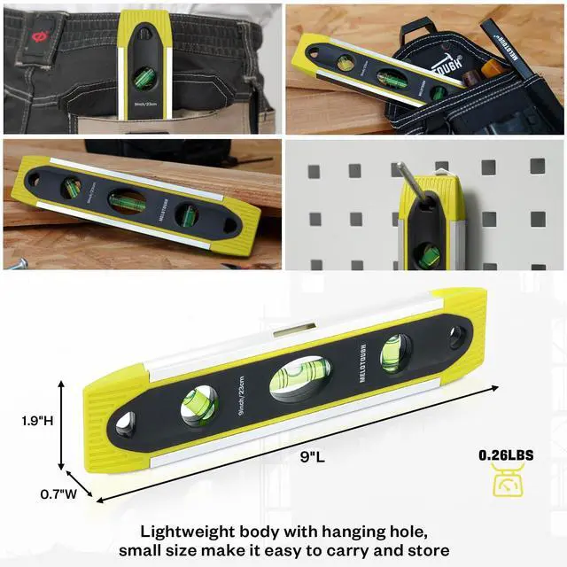 Alt view image 6 of 7 - 9 Inch Torpedo Level Magnetic,Small Leveler Tool,Magnetic Box Level with 45/90/180 Bubbles,V-Groove,Shock Resistant Bubble Level,Yellow
