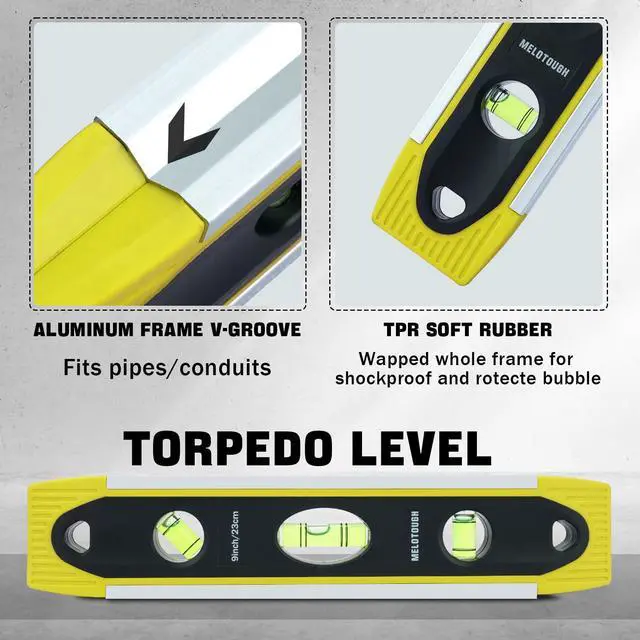 Alt view image 7 of 7 - 9 Inch Torpedo Level Magnetic,Small Leveler Tool,Magnetic Box Level with 45/90/180 Bubbles,V-Groove,Shock Resistant Bubble Level,Yellow