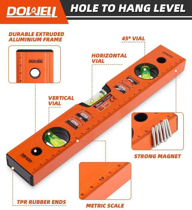 Alt view image 4 of 7 - 12 Inch Magnetic Spirit Level with Metric Scale, 3 Different Bubbles-45°/90°/180°HY030660