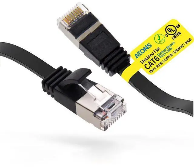 Main image of Cat 6 Flat Shielded Ethernet Patch Cable 1 ft Outdoor Indoor 10Gbps Support Cat7 Cat8 Network Slim Internet RJ45 LAN Cord Cat6 High Speed Computer Wire Gaming, UL Listed, Black
