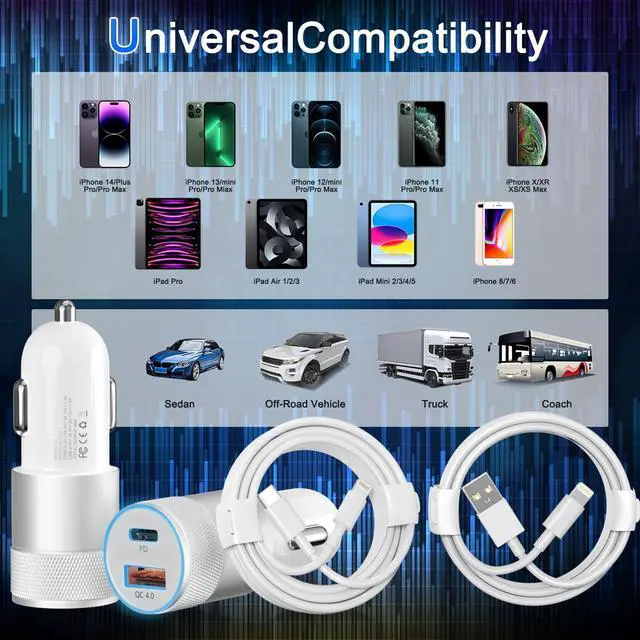 Alt view image 6 of 7 - Fast Car Charger and Carplay Cable, 48W Dual Port USB A and USB C Car Charger Adapter with 2Pack High Speed Charging L ightning Cable for i Phone 14/14 Plus/14 Pro Max/14 Mini/11/SE/X, i Pad and More