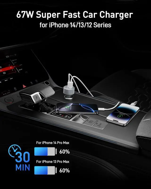 Alt view image 2 of 7 - iPhone Car Charger Fast Charging, 67W 3-Port USB C Fast Car Charger Adapter Cigarette Lighter with 3FT USB-C to Lightning Cable Cord for iPhone 14 13 12 11 Pro Max SE XS Max Mini XR X 8 7 6 Plus, iPad