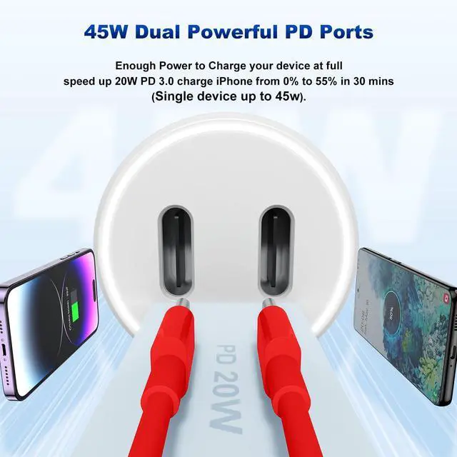 Alt view image 2 of 7 - iPhone 14 13 Car Charger, Certified 45W Dual Port USB C Rapid Apple Car Adapter with 6ft Type C to Lightning Cable Fast Charging for iPhone 14 Pro/14 Pro Max/14 Plus/13/12/11/X/XS/SE,iPad-Red