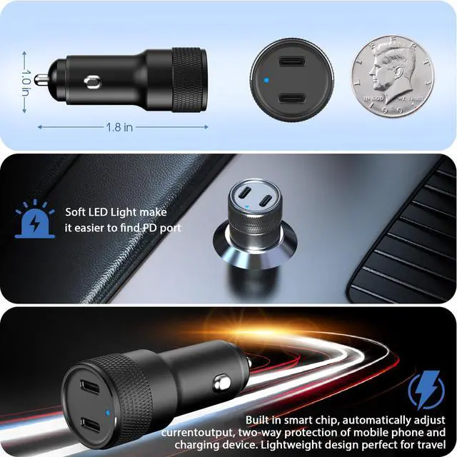 Alt view image 5 of 7 - USB C Car Charger, 2Pack 60W Dual USB C Adapter Fast Charging Power Delivery Adapter Fast Type C Car Charger Plug Compatible with iPhone 17/17 Pro/17 Pro Max/16 Plus/15 Pro/Galaxy S26/S25/Pixel(Black)