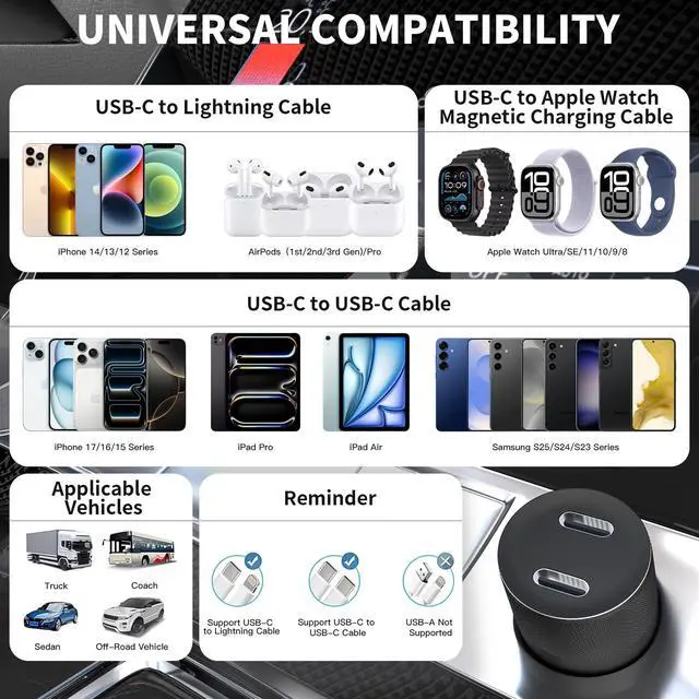 Alt view image 6 of 7 - USB C Car Charger, 2Pack 60W Dual USB C Adapter Fast Charging Power Delivery Adapter Fast Type C Car Charger Plug Compatible with iPhone 17/17 Pro/17 Pro Max/16 Plus/15 Pro/Galaxy S26/S25/Pixel(Black)