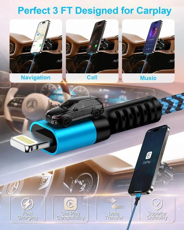 Alt view image 2 of 7 - Car Play Charger Cable for iPhone 14 13 12 11 Pro Max XS XR X SE, iPad, Apple CarPlay MFi Certified Braided USB to Lightning Cable 3ft, iPhone Charger Cord Fast Charging Lightening Wire