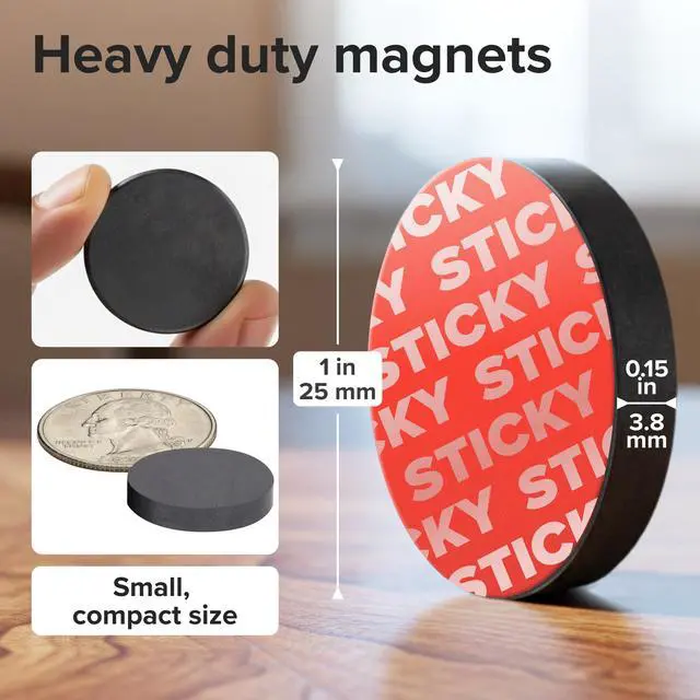 Alt view image 2 of 7 - Strong Ceramic Round Magnets With Adhesive Backing (1x0.15"/25x4mm, 36 pcs) - Heavy Duty Sticky Magnets, Non-Corrosive, Versatile For Home, Office, Workshop, Whiteboard, Fridge And Hobby Use