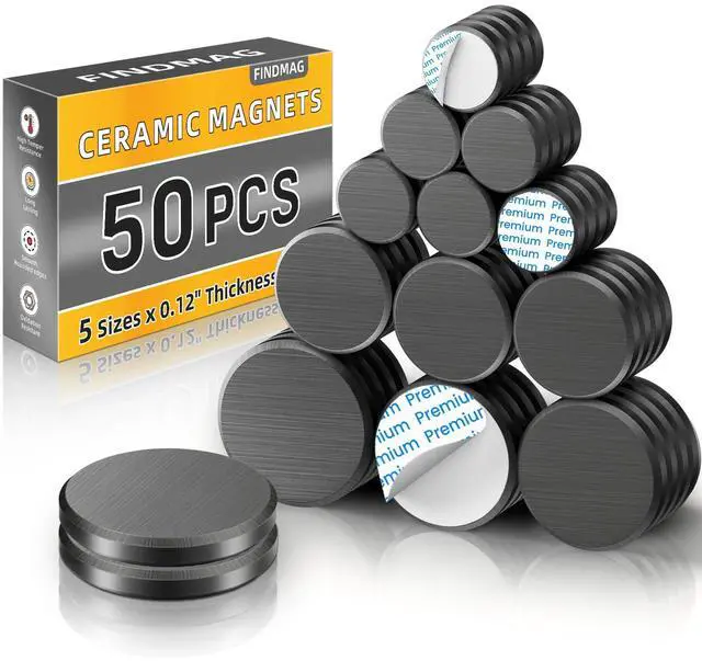 Main image of 50 Pack Mixed Ceramic Magnets, Strong Fridge Magnets for Crafts, Small Round Magnet with Adhesive Backing, Suitable for Whiteboard, Refrigerator, Classroom, 5 Sizes x 0.12" Thickness
