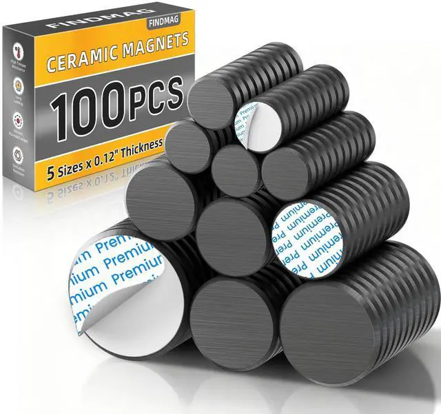 Main image of 100 Pack Mixed Ceramic Magnets for Crafts, Strong Magnet with Adhesive Backing, Small Round Magnets for Fridge, Classroom, Warehouse, and Hobby Use, 5 Sizes × 0.12" Thickness