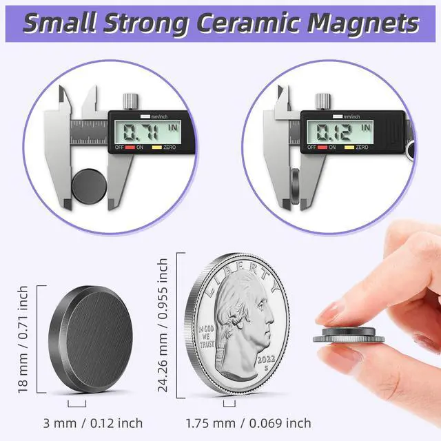 Alt view image 6 of 6 - 100Pcs Strong Magnets with Adhesive Backing, 0.7 * 0.12 inch Small Round Magnets for Crafts, Circle Magnet Ceramic Magnet for Fridge, DIY, Science Projects, Whiteboard (Black)