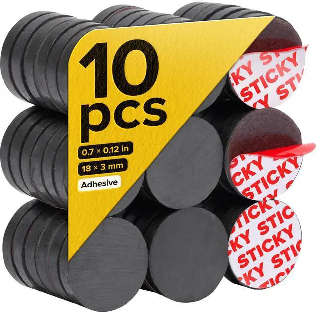 Main image of Strong Ceramic Round Small Magnets with Adhesive Backing (0.7x0.12/18x3mm, 10 pcs) - Heavy Duty Sticky Magnets, Non-Corrosive, Versatile for Home, Office, Workshop, Whiteboard, Fridge and Hobby Use