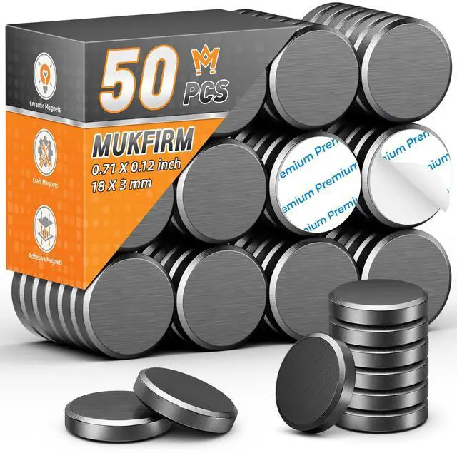Main image of 50 Pack Strong Craft Magnets for Fridge, Ceramic Magnet for Crafts Strong, Adhesive Round Magnets for Crafts, Magnet with Adhesive Back for Picture Frames, 18X3mm