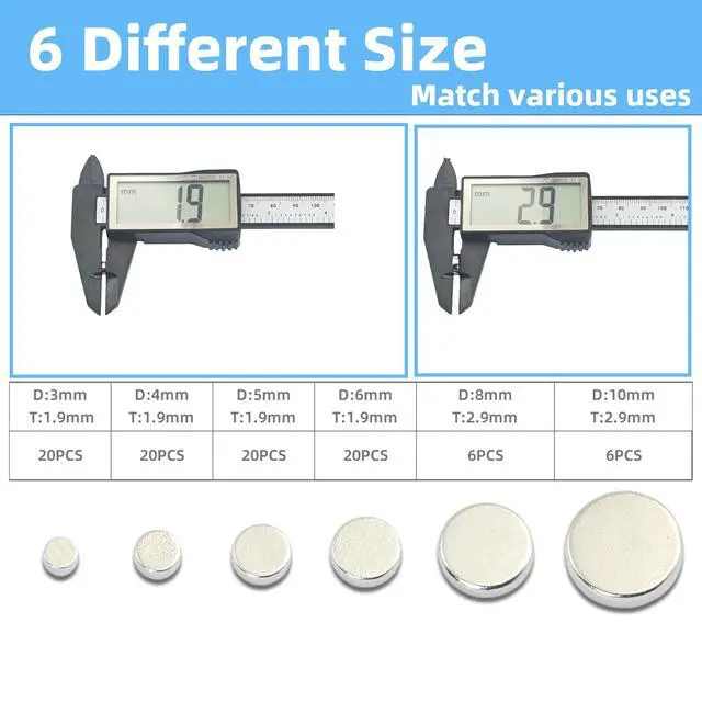 Alt view image 2 of 6 - 92 Pcs Small Neodymium Magnets Assortment - 6 Sizes (3mm,4mm,5mm,6mm,8mm,10mm) Strong Rare Earth Disc Magnets for Crafts, Fridge, DIY, Sewing, Office, Jewelry Making - Storage Case Included