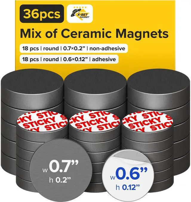 Main image of Ultra-Strong Ceramic Round Magnets with Adhesive Backing (2 Sizes Mix, 36 pcs) Heavy Duty Sticky Magnets, Non-Corrosive, Versatile for Home, Office, Workshop, Whiteboard, Fridge and Hobby Use