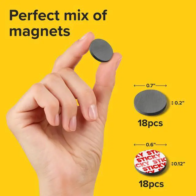 Alt view image 2 of 5 - Ultra-Strong Ceramic Round Magnets with Adhesive Backing (2 Sizes Mix, 36 pcs) Heavy Duty Sticky Magnets, Non-Corrosive, Versatile for Home, Office, Workshop, Whiteboard, Fridge and Hobby Use