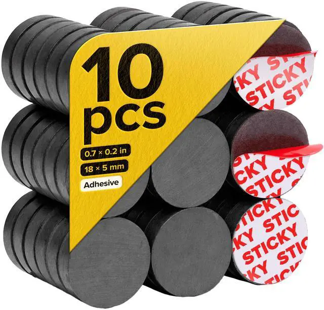 Main image of Strong Ceramic Round Small Magnets with Adhesive Backing (0.7x0.2/18x5mm, 10 pcs) - Heavy Duty Sticky Magnets, Non-Corrosive, Versatile for Home, Office, Workshop, Whiteboard, Fridge and Hobby Use