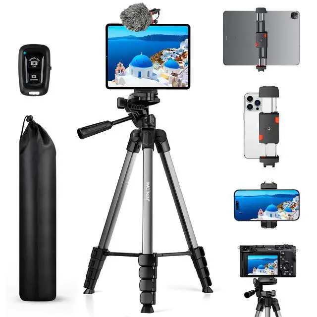 Main image of 67" Tripod Stand for iPad iPhone Tablet Camera with 2 in 1 Mount & Wireless Remote, Aluminum Extendable Phone Tripod for Video Recording/Selfies/Live Stream/Vlogging (Grey)