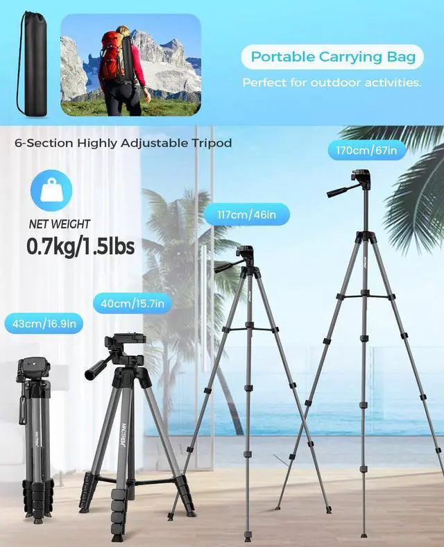Alt view image 5 of 7 - 67" Tripod Stand for iPad iPhone Tablet Camera with 2 in 1 Mount & Wireless Remote, Aluminum Extendable Phone Tripod for Video Recording/Selfies/Live Stream/Vlogging (Grey)