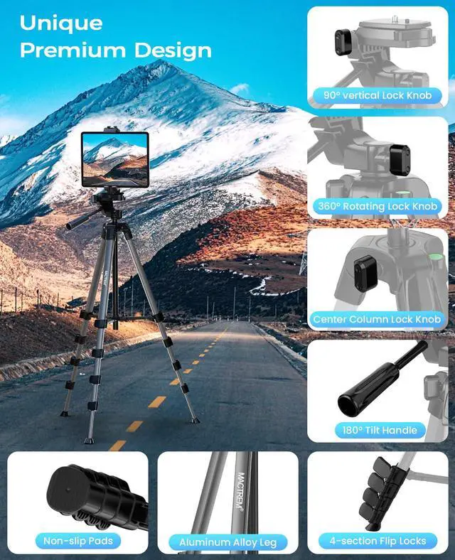 Alt view image 7 of 7 - 67" Tripod Stand for iPad iPhone Tablet Camera with 2 in 1 Mount & Wireless Remote, Aluminum Extendable Phone Tripod for Video Recording/Selfies/Live Stream/Vlogging (Grey)