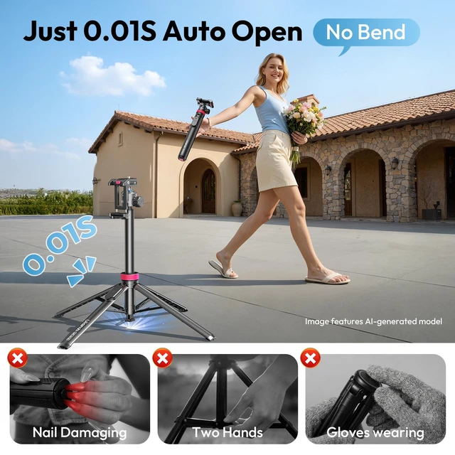 Alt view image 2 of 7 - MT-44B Phone Tripod, 59'' Auto Open Phone Stand Dual Camera Set up | 360° Ball Head, Extendable Selfie Stick w Cold Shoe, Stable Four-Leg for Filming Vlog Travel, Family Gatherings