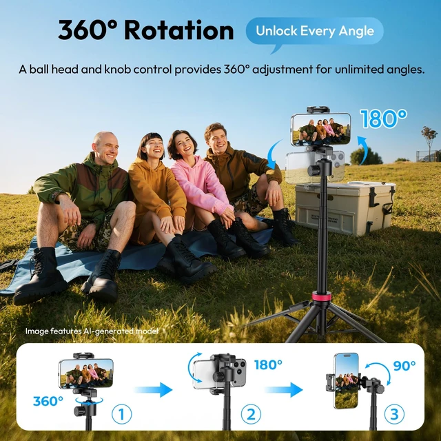 Alt view image 4 of 7 - MT-44B Phone Tripod, 59'' Auto Open Phone Stand Dual Camera Set up | 360° Ball Head, Extendable Selfie Stick w Cold Shoe, Stable Four-Leg for Filming Vlog Travel, Family Gatherings