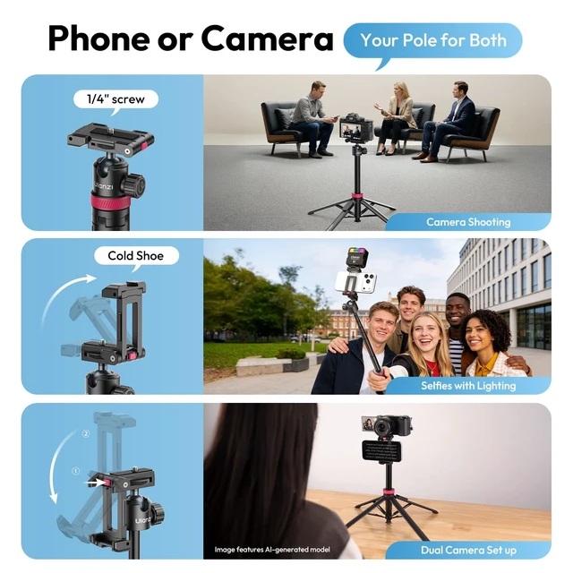 Alt view image 7 of 7 - MT-44B Phone Tripod, 59'' Auto Open Phone Stand Dual Camera Set up | 360° Ball Head, Extendable Selfie Stick w Cold Shoe, Stable Four-Leg for Filming Vlog Travel, Family Gatherings