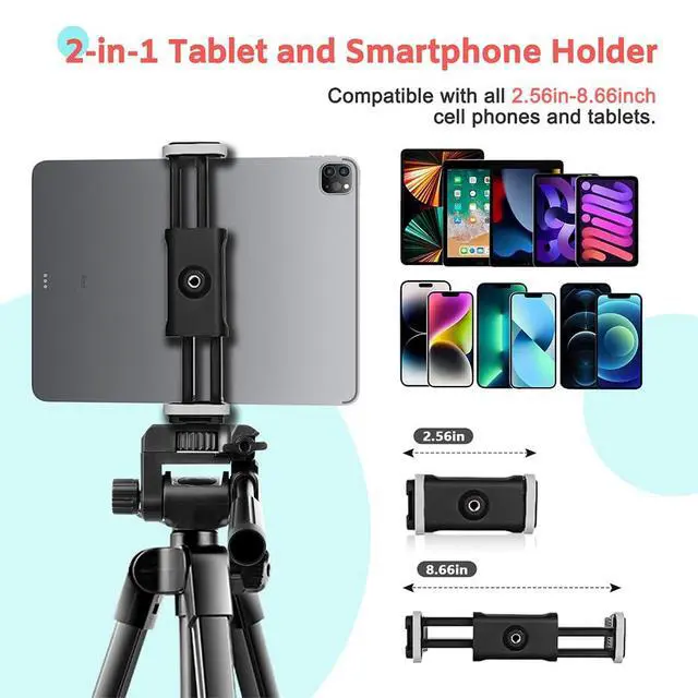 Alt view image 5 of 7 - 64'' Camera & iPad Tripod, Tripod for iPad & iPhone with Carry Bag, Tablet Tripod with Remote and 2 in 1 Phone Holder for Video Recording, Live Stream, Photography, Travel