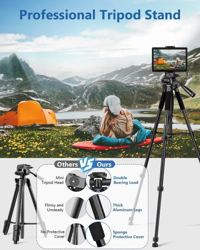 Alt view image 2 of 7 - 67" Phone iPad Tripod, Professional Camera Tripod Stand for Tablet iPhone with 2-in-1 Holder & Carry Bag, Extendable Travel Tripod for Cellphone Camera Video Recording Live Stream Vlogging