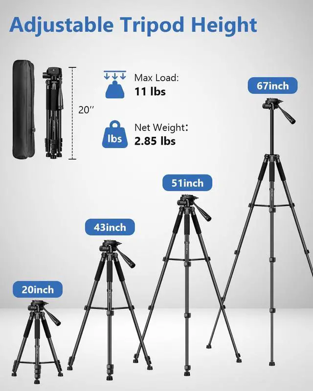Alt view image 5 of 7 - 67" Phone iPad Tripod, Professional Camera Tripod Stand for Tablet iPhone with 2-in-1 Holder & Carry Bag, Extendable Travel Tripod for Cellphone Camera Video Recording Live Stream Vlogging