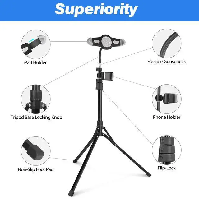 Alt view image 5 of 7 - 67-in iPad Tripod Stand, 360 Rotating Tablet Mount & Phone Holder, Compatible with 9.9-15.7 Inches Tablets