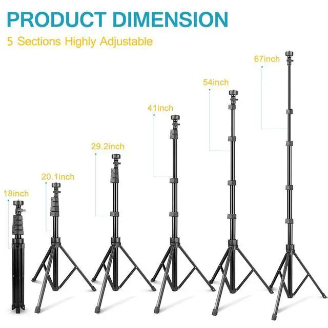 Alt view image 2 of 7 - 67" Phone Tripod, Extendable Cell Phone and Camera Tripod Stand with Wireless Remote & Phone Holder, Aluminum Selfie Stick Tripod