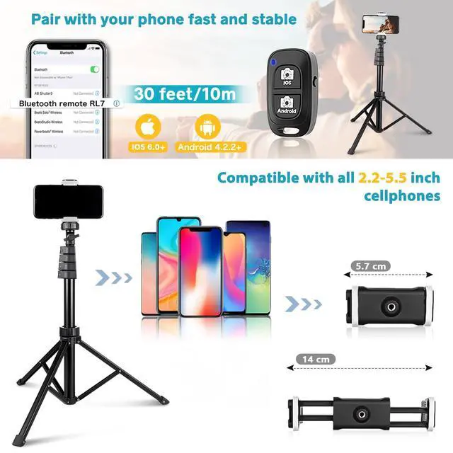 Alt view image 4 of 7 - 67" Phone Tripod, Extendable Cell Phone and Camera Tripod Stand with Wireless Remote & Phone Holder, Aluminum Selfie Stick Tripod