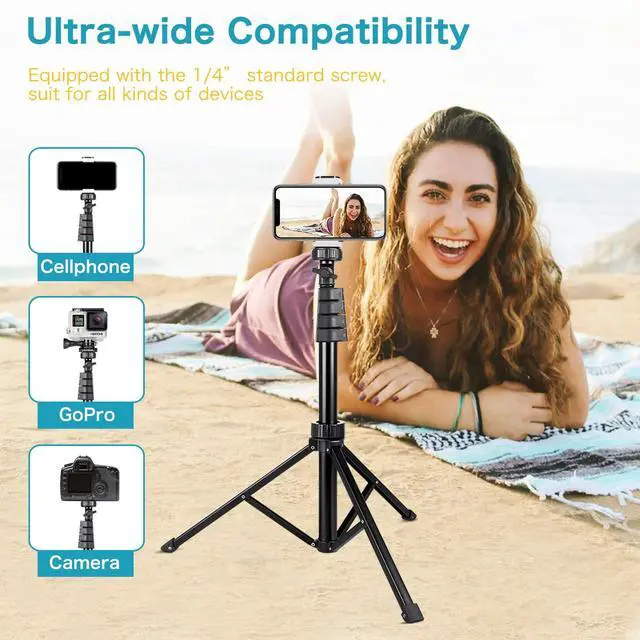 Alt view image 6 of 7 - 67" Phone Tripod, Extendable Cell Phone and Camera Tripod Stand with Wireless Remote & Phone Holder, Aluminum Selfie Stick Tripod