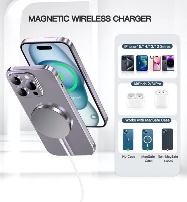 Alt view image 4 of 7 - Magnetic Wireless Charger 15W Charger-Fast Charging Pad Compatible with iPhone17/16/15/14/13/12 Series & Airpods 2 3 Pro-LED Pad with Dual Charging Ports Original Replacement