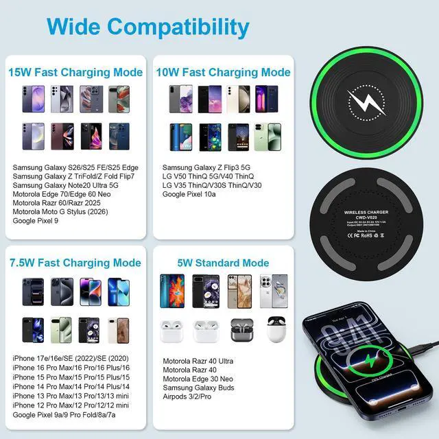 Alt view image 6 of 7 - Fast Wireless Charging Pad for Samsung Galaxy S26/S25 Edge/S25 Ultra/S25+/S24 FE/Z TriFold/Z Fold7/Z Flip7, 2Pack 15W Fast Wireless Android Charger Station for Google Pixel 10a 9a 8a, iPhone 16 Pro 15