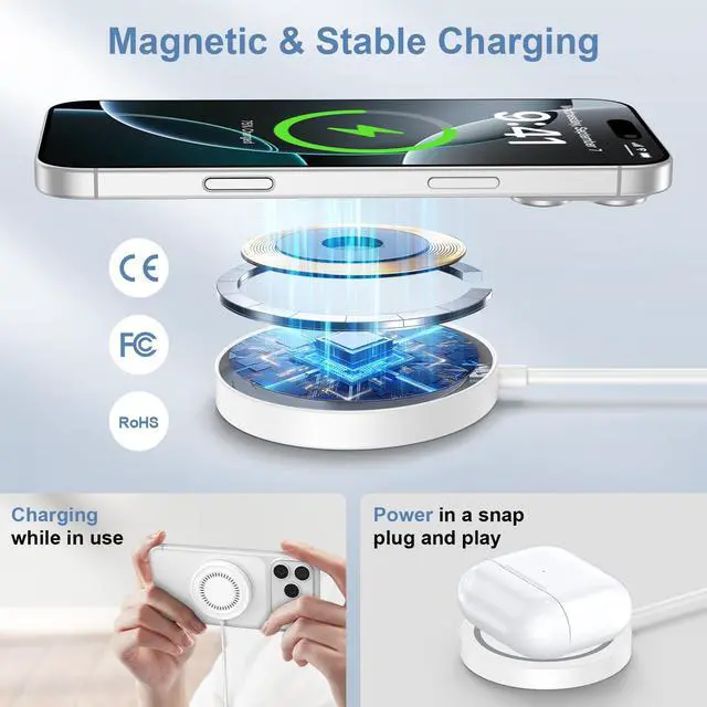 Alt view image 3 of 7 - Magnetic Wireless Charger for iPhone Mag-Safe Charger Pad for iPhone 17 Pro Max/16/15/14/13/Samsung Galaxy S26 Ultra/S26/S25/S24/S23/S22/S21/S20/15W Wireless Magnetic Charger with USB C to A Adapter