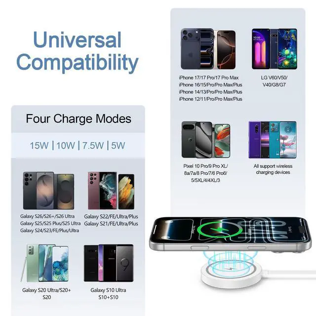 Alt view image 7 of 7 - Magnetic Wireless Charger for iPhone Mag-Safe Charger Pad for iPhone 17 Pro Max/16/15/14/13/Samsung Galaxy S26 Ultra/S26/S25/S24/S23/S22/S21/S20/15W Wireless Magnetic Charger with USB C to A Adapter