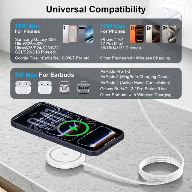 Alt view image 6 of 7 - Magnetic Wireless Magsafe Charger iPhone 17e Charging Pad for iPhone 17 Pro Max/16/15/14/13/12 Series & AirPods Pro 4-2,Samsung,Google,Strong Magnet,15W Fast Wireless Charging Pad with Dual Ports