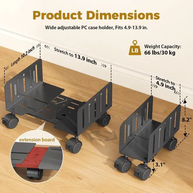 Alt view image 2 of 7 - Computer Tower Stand, 4.9 to 13.9 inch Wide Adjustable Mobile PC Cart with 5 Wheels, Steel Tower Floor Stand Holds Up to 66 lbs, Rolling Gaming CPU Holder Under Desk, Black