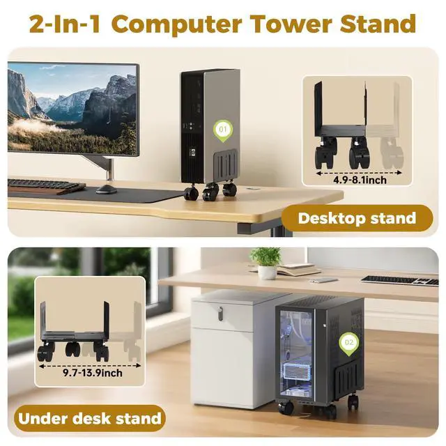 Alt view image 4 of 7 - Computer Tower Stand, 4.9 to 13.9 inch Wide Adjustable Mobile PC Cart with 5 Wheels, Steel Tower Floor Stand Holds Up to 66 lbs, Rolling Gaming CPU Holder Under Desk, Black