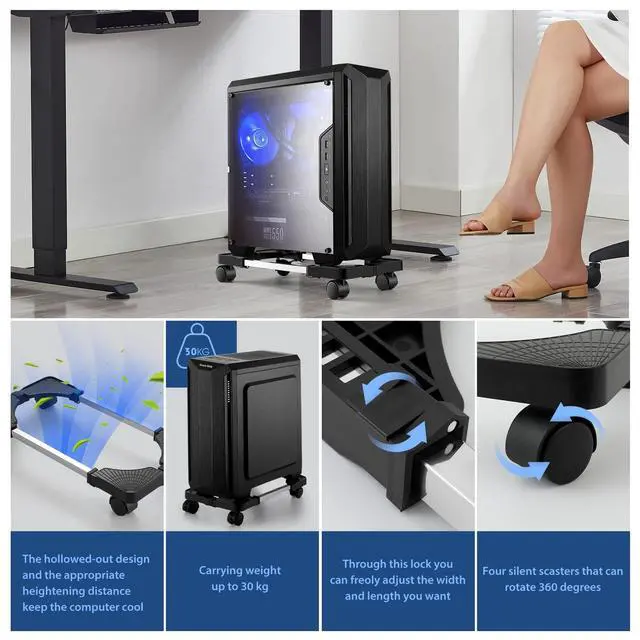 Alt view image 5 of 7 - Computer Tower Stand,Hmseng Adjustable Mobile CPU Stand with 4 Rolling Caster Wheels, PC Tower Stand Fits Most PC Under Desk-Black