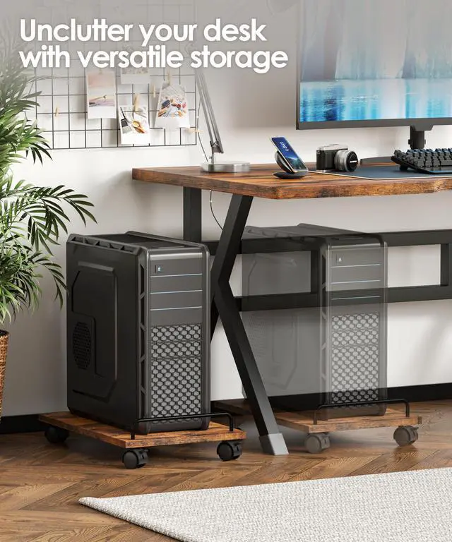 Alt view image 3 of 7 - Mobile CPU Stand, Computer Tower Stand with 4 Caster Wheels, Under Desk PC Cart for Floor, Industrial PC Tower Holder for Carpet, for Office, Rustic Brown