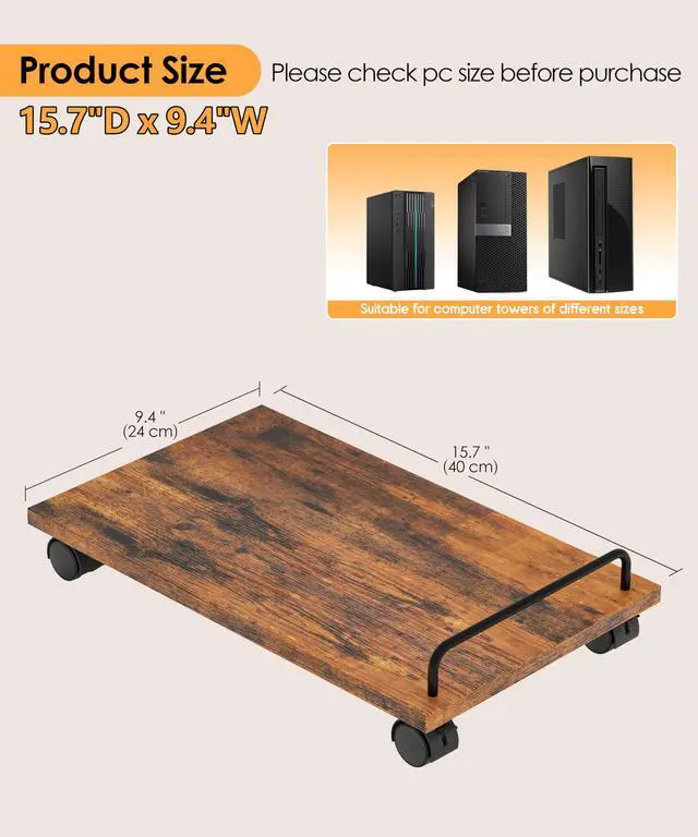 Alt view image 2 of 7 - Mobile CPU Stand, Computer Tower Stand with 4 Caster Wheels, Under Desk PC Cart for Floor, Industrial PC Tower Holder for Carpet, for Office, Rustic Brown