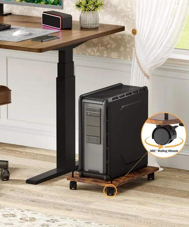 Alt view image 4 of 7 - Mobile CPU Stand, Computer Tower Stand with 4 Caster Wheels, Under Desk PC Cart for Floor, Industrial PC Tower Holder for Carpet, for Office, Rustic Brown