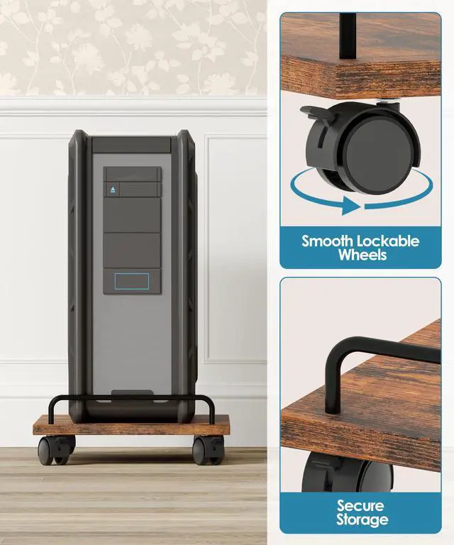 Alt view image 5 of 7 - Mobile CPU Stand, Computer Tower Stand with 4 Caster Wheels, Under Desk PC Cart for Floor, Industrial PC Tower Holder for Carpet, for Office, Rustic Brown