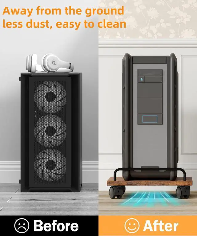 Alt view image 6 of 7 - Mobile CPU Stand, Computer Tower Stand with 4 Caster Wheels, Under Desk PC Cart for Floor, Industrial PC Tower Holder for Carpet, for Office, Rustic Brown